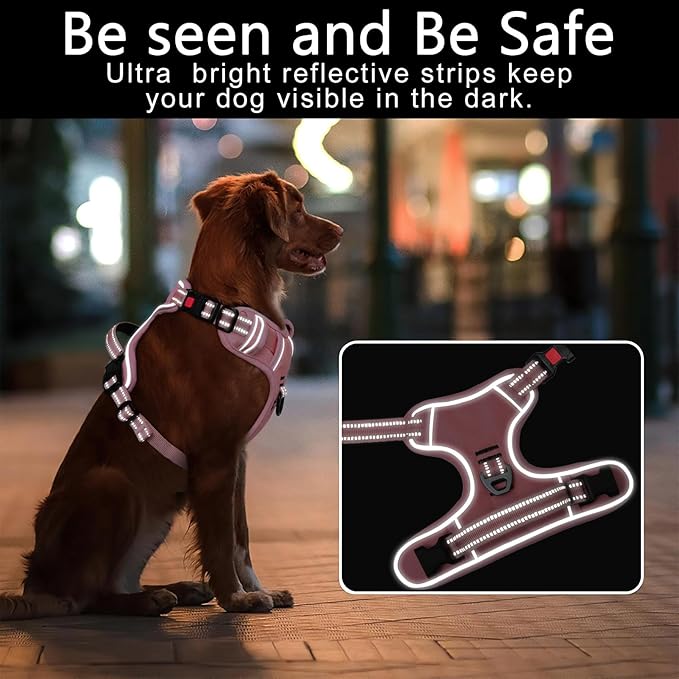 Timos Dog Harness Large Sized, No Pull Pet Harness with Neck Lockable Snap,No Choke Front Clip Dog Reflective Vest,Adjustable Metal Rings 3 Buckles,Easy Control Handle for Large Dogs Pink L