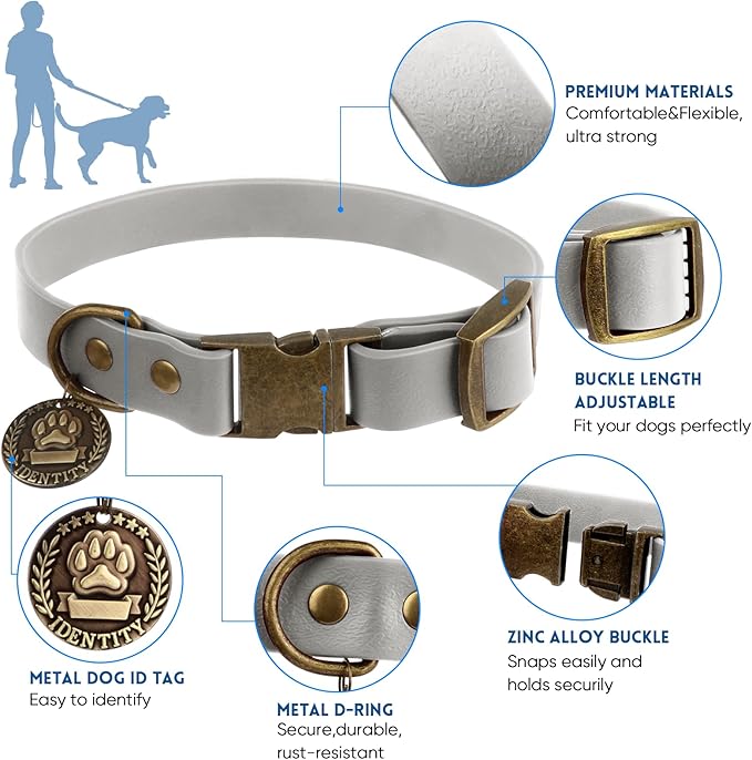 Wisedog Waterproof Dog Collar and Leash Set, Adjustable Puppy Collar with Cute Tag 6FT Dog Leash with Poop Bag for Small Medium Large Dogs (XL, Grey)