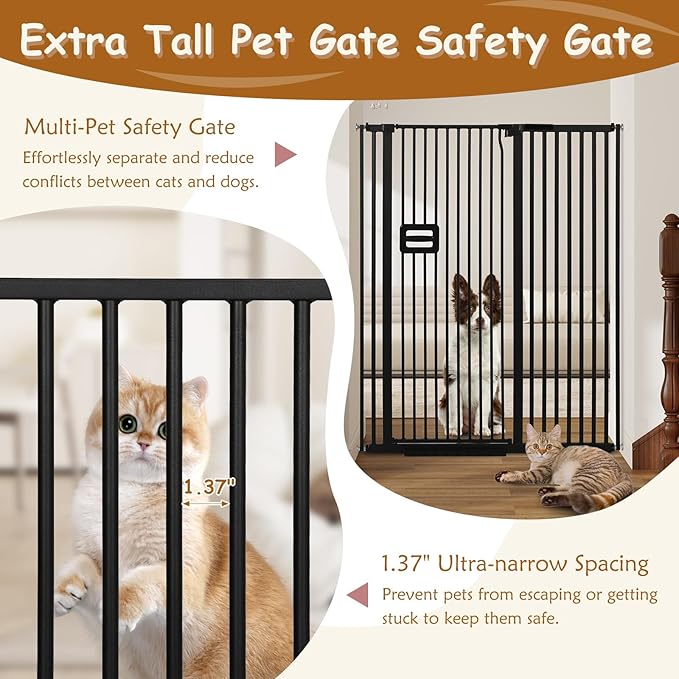55'' Extra Tall Cat Gate, 42.9"-46.9" Wide Auto Close Tall Pet Gate for Doorways, Pressure Mounted High Dog Door Gate No Drilling Cat Fence Safety Baby Gate for Stairs, Doorways, Black
