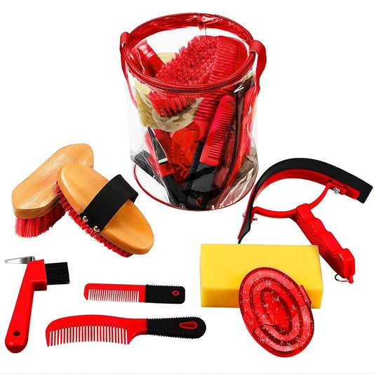 Cunhill 9 Pcs Horse Grooming Kit Tack Room Supplies Set with Tote Bag, Oval Massage Curry, Hard and Soft Brush, Hoof Pick, Sweat Scraper, Bathing Sponge, Comb for Horse Rider(Cute,Red)