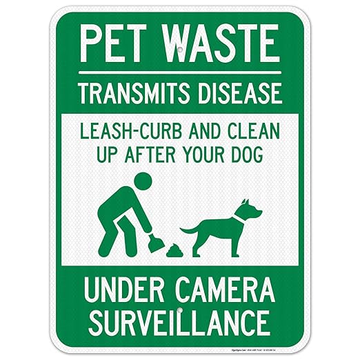 Pet Waste Leash-Curb and Clean Up After Your Dog Under Camera Surveillance Sign, (SI-63188) 18x24 Inches, 3M EGP Reflective .080 Aluminum, Fade Resistant, Made in USA