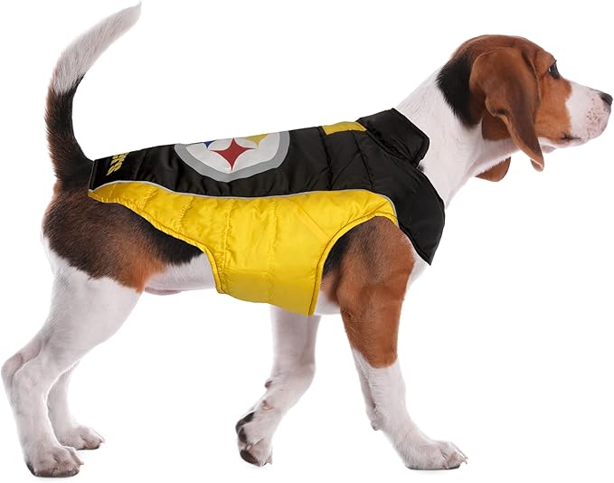 NFL Pittsburgh Steelers Puffer Vest for Dogs & Cats, Size Medium. Warm, Cozy, and Waterproof Dog Coat, for Small and Large Dogs/Cats. Best NFL Licensed PET Warming Sports Jacket