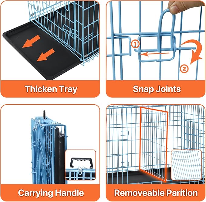 Dog Crate for Large Medium Small Dogs, Folding Dog Kennel Cage with Plastic Tray & Divider 48"/42"/ 36"/ 30"/ 24" Indoor Outdoor Metal Double Door Heavy Duty Dog Pen Enclosure, Blue(24 Inch)