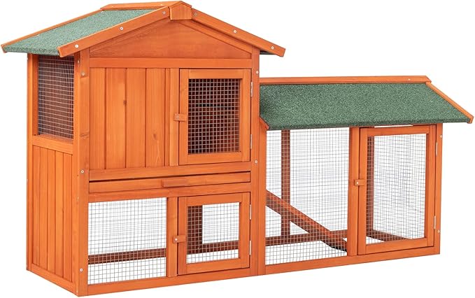 61” Large Rabbit Hutch with Outdoor Run, 2 Layer A-Frame Bunny Cage for Garden, Wooden Small Animal House with Removable Tray & Waterproof Roof