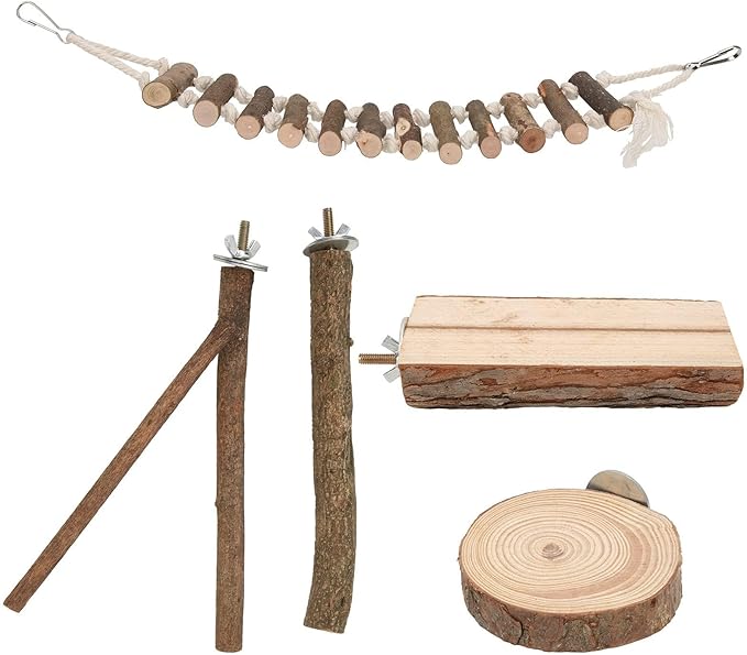 5 Piece Bird Perch Set,Wooden Bird Perches Set with Standing Grinding terrace and Swing - Secure Bird Cage Accessories