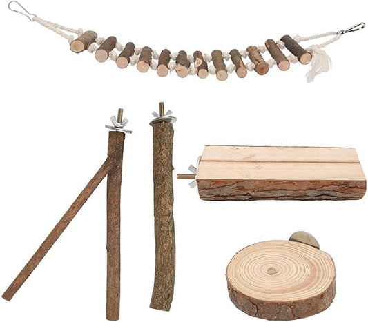 5 Piece Bird Perch Set,Wooden Bird Perches Set with Standing Grinding terrace and Swing - Secure Bird Cage Accessories