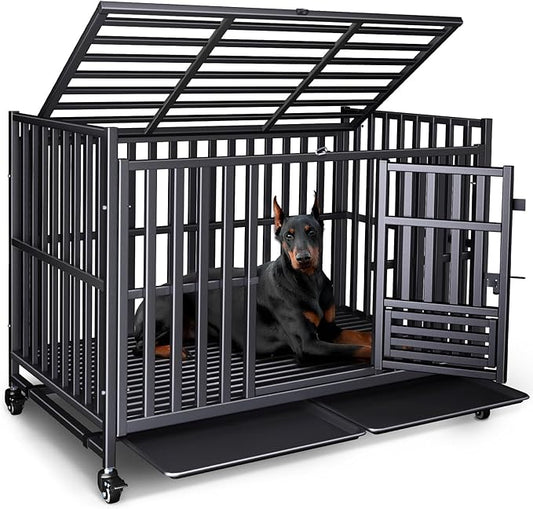 Heavy Duty Dog Crate, Escape-Proof Indestructible Cage for High-Anxiety Dogs, 3-Door Kennel with 4 Lockable Wheels and 2 Removable Trays Ideal for Large & Medium Breeds (49in)