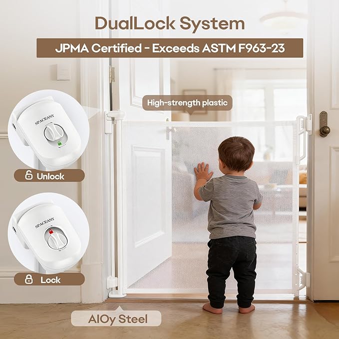 Spaceany Retractable Safety Baby Gate or Mesh Dog Gate,Durable Portable Mesh Retractable Gate,Easy to Use for Stairs, Doorways, Hallways, Indoor, Outdoor, 33.5" Tall, Extends to 55" Wide,White