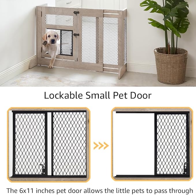 unipaws Dog Gate Indoor, Separates Puppy and Large Dogs, Walk Through Pet Gate with Dog Door, Free Standing, Adjustable 33.3-41.6 Inches Wide, Gray, Metal & Wood