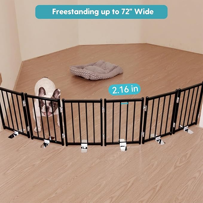 No Pawblems Free Standing Short Dog Gate, 16.5'' Tall Foldable Dog Fence for Indoor & Outdoor, Up to 72 Inch Extra Wide Puppy Gate for Stairs, Hallways, Doorways, Deck, Yard (Black, 6 Panels)