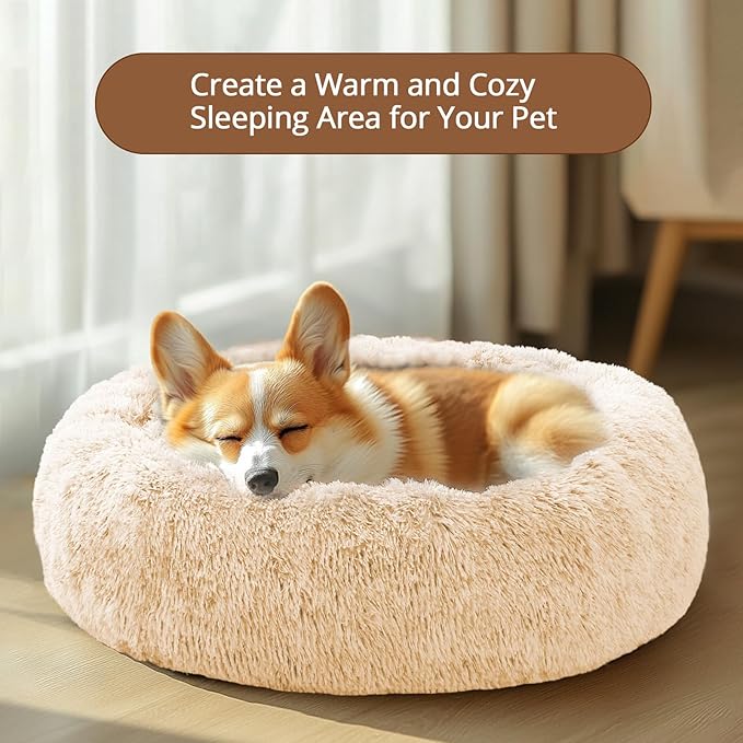 JOLLYVOGUE Calming Dog Beds Large Sized Dog, 36in Donut Washable Large Pet Bed, Anti-Slip & Anti-Anxiety Fluffy Faux Fur Round Dogs Bed, Fits up to 80 lbs Pets (Off White)