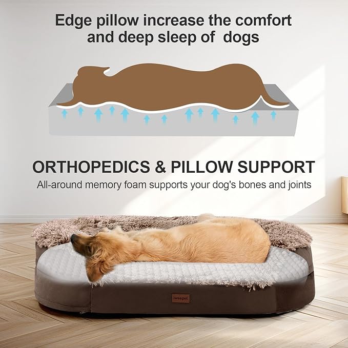 iweepet Orthopedic Dog Beds for Large Dogs, 41" x 32.6" x 7.7" Supportive Dog Sofa Bed with 28D Egg-Crate Foam, Removable Washable Cover, Waterproof Lining, for Puppy,Senior,Sick, Brown