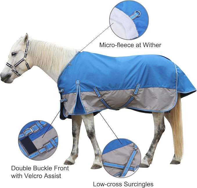1200D Ripstop Waterproof Breathable Horse Blanket (0g No Fill), Lightweight Turnout Rain Sheet, Keeps Dry in Mud & Wet Weather Bluegrey 75"