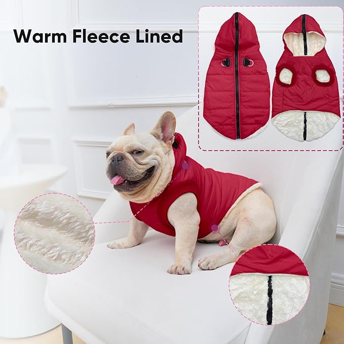 Vecomfy Fleece Lining Dog Hoodie with Harness Built in,Extra Warm Small Dog Jacket in Winter Puppy Coats with Hooded,Red M