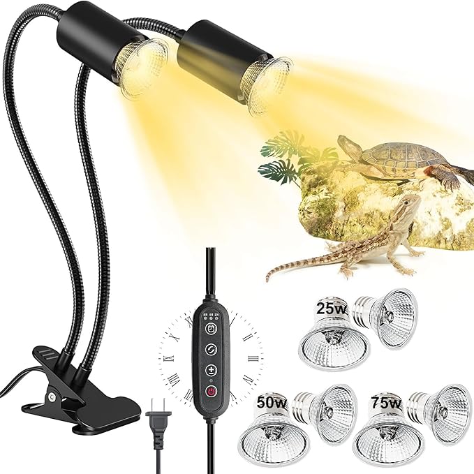 Reptile Heat Lamp with Clamp, 6 Pack Turtle Heat Lamp UVA UVB Bulbs 25/50/75w Dual Headed Timing & Dimming for Turtle Tank, Bearded Dragon, Lizard, Snake, Aquarium (E26,110V)