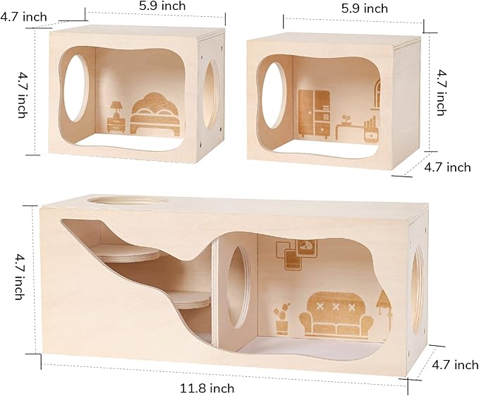 Hamster Hideout Wooden House Chamber Small Animals Pets Tunnel Exploring Toys Secret Peep Shed for Dwarf Hamsters, Syrian Hamsters, Gerbils, Hedgehogs, Rats, Mice (Living Room)