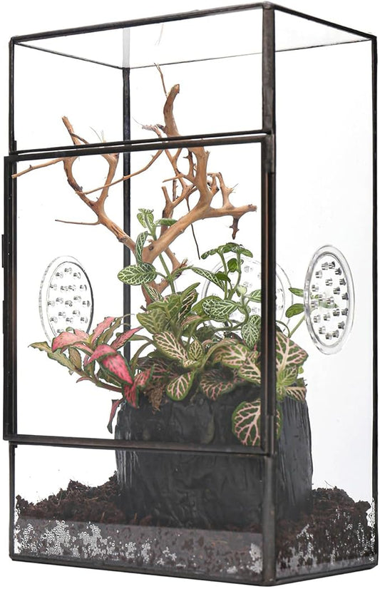 NCYP Glass Enclosure for Large Jumping Spider - 5.1" x 3.9" x 9" Front Opening Door Glass Terrarium with 3 Vent Holes, Small Snail, Insects Habitat, Black (Terrarium Only)