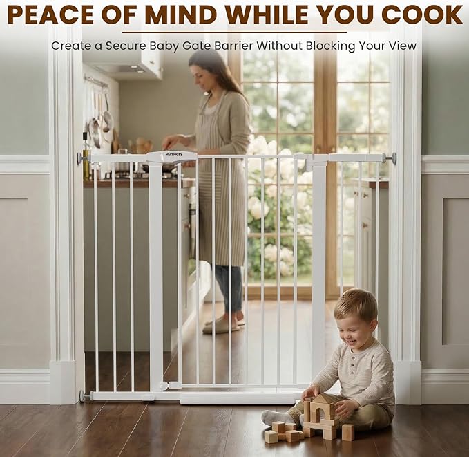 Mumeasy 36" Extra Tall Baby Gate for Stairs, 29.7-48" Wide Dog Gate for Doorways, Walk Thru Pet Safety Gate for Indoor, Pressure Mounted with Auto Close, Easy Install No Drill for Toddlers, White