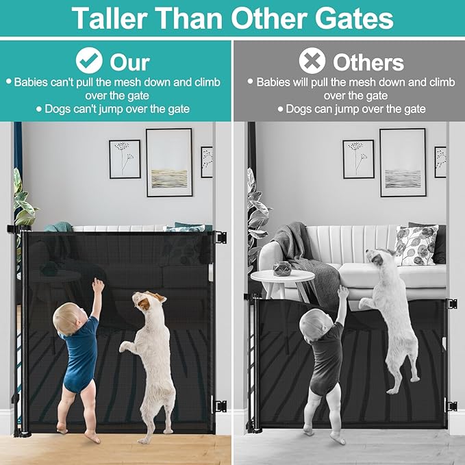 42 Inch Extra Tall Dog Gate Indoor 55” Wide Puppy Gates for The House Prevent Kids/Pets from Jumping Over Retractable Extra Tall Baby Gates for Doorways Retractable Outdoor Pet Gate for Stairs, Black