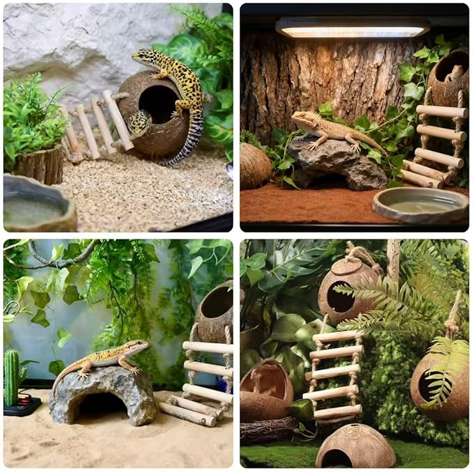Leopard Gecko Tank Accessories. Reptile Hammock Vines Plants with Coconut Shell Ladder Hideout Hermit Crab Decor for Bearded Dragon Lizard Chameleon Crested Gecko Tortoise Snake