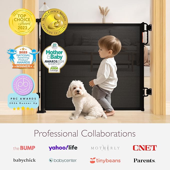 Momcozy Retractable Mesh Baby Gate or Dog Gate, Child Safety Gate for Indoor or Outdoor, 33-inches Tall with up to 55-inches Wide Extension, Avoid Skirting Installation, Black
