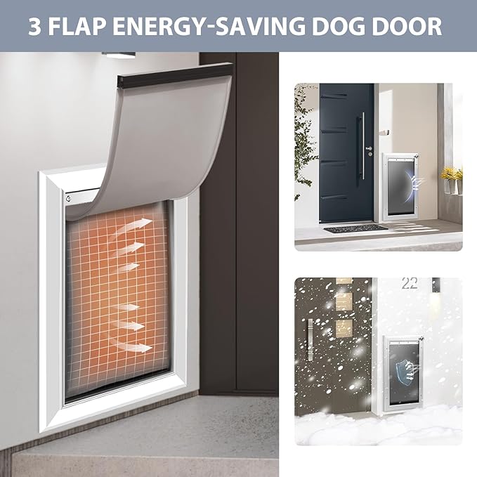 [Petoasis] 3-Flaps Heavy-Duty Dog Door for wall, Rust Proof Aluminum Alloy Frame, Extreme Weather Dog Door Can Block Wind, Snow, and Rainwater Intrusion (Silvery White, Large for Wall)