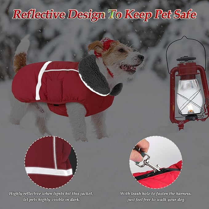 Dogcheer Warm Dog Coat, Christmas Dog Jacket Waterproof Puppy Winter Coat with Buckles, Reflective Adjustable Pet Snow Jacket Turtleneck Fleece Sweater for Small Medium Large Dogs - Red, S