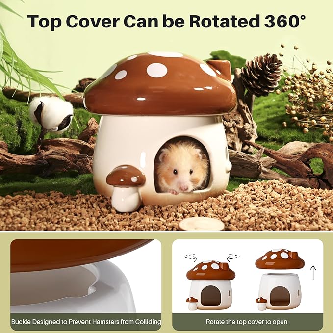 BUCATSTATE Hamster Hideout Ceramic, Mushroom Shape Hamster House and Habitats Cool Bed Ideal for All Season Dwarf Hamster Gerbil Mice Golden Bear (Brown-Large)