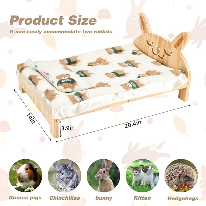 Upgrade Large Wooden Bunny Bed with Pillow and Mat, 2 in 1 Folding Pet Bed for Rabbit Guinea Pig Hamster Ferret Chinchilla Kitten Bunny Sleeping Habitat, Detachable Wood Small Animal Bed