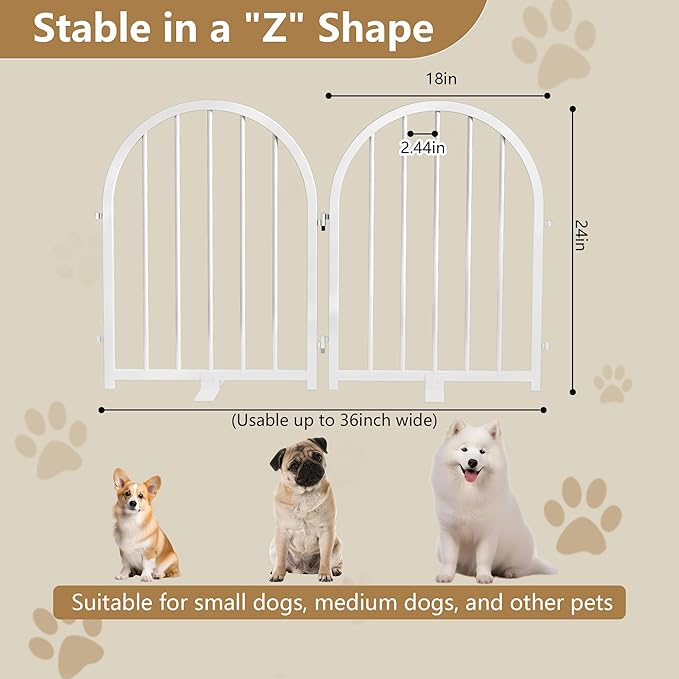 PUPETPO Full Metal Dog Gate for Indoor Outdoor, 24" Tall Free Standing Pet Dog Fence, 36" Wide Arched Pet Gates for Stairs, Hallways, Doorways, Kitchen, Decks, Yards (White, 2 Panels)