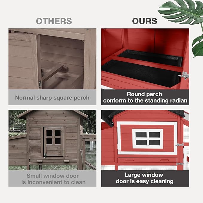 Wooden Chicken Coop with Run, Mobile Chicken House with Wheels, Outdoor Hen Poultry Cage with Leak-Proof Tray and Nesting Box, Lager Chicken Coops with UV-Resistant Roof for 2-3 Chickens (Red)