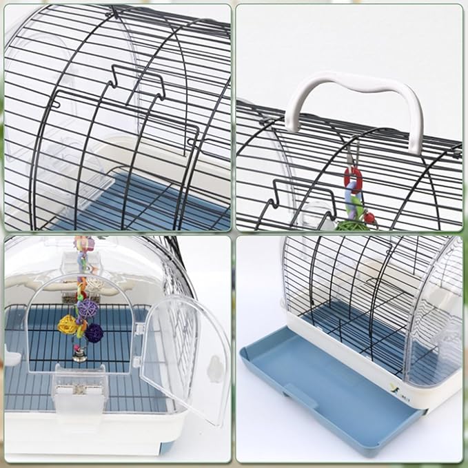 Portable Large Metal Bird Cage Carrier for Small to Medium Birds – 2 Food Bowls, 2 Perches, Removable Tray, Handle – Ideal for Cockatiels, Budgies, Lovebirds, Canaries – Green, 42x32x37cm