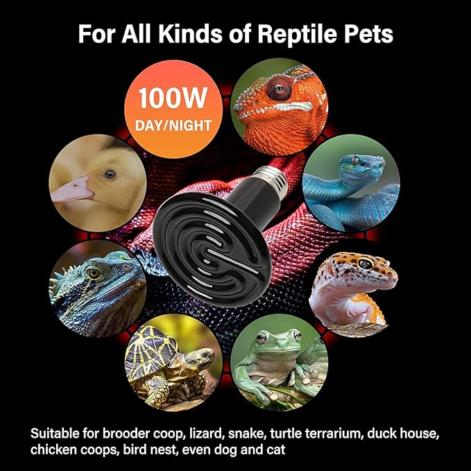 HealSmart Reptile Heat Lamp 100W Ceramic Heat Emitter, No Light Emitting Heat Bulbs for Amphibian Pet Brooder Coop Incubating Chicken, Lizard Bearded Dragon Turtle Snake Terrarium Black