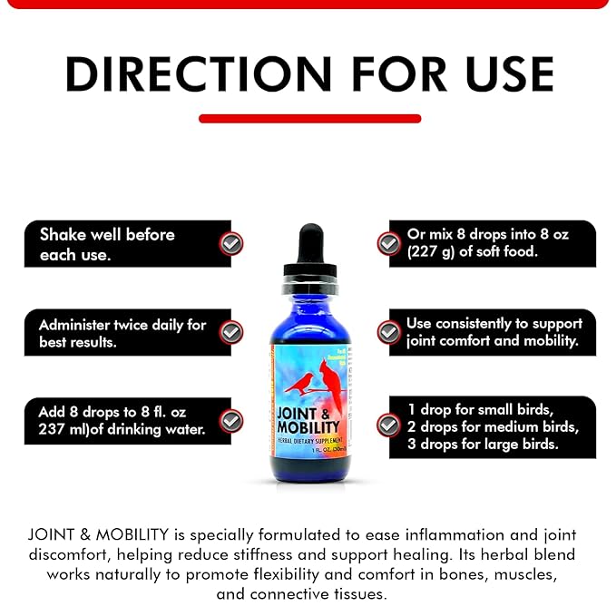 Morning Bird Joint & Mobility 1 fl oz – Herbal Liquid Supplement for Birds – Supports Joint Health, Muscle Comfort & Mobility – Ideal for Aging or Recovering Birds