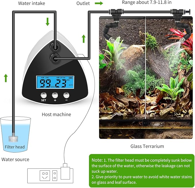 Reptile Mister System, Reptile Humidifier with LCD Screen, Mister for Reptile Tank with 2 Nozzles, Used for Chameleons, Reptiles, Tree Frogs, Snakes