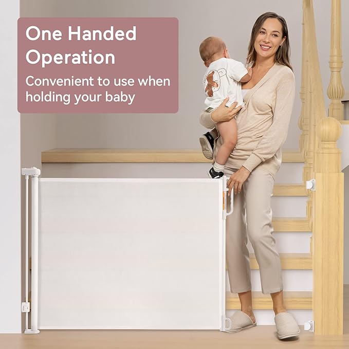 Momcozy Retractable Mesh Baby Gate or Dog Gate, Child Safety Gate for Indoor or Outdoor, 41-inches Tall with up to 71-inches Wide Extension, White