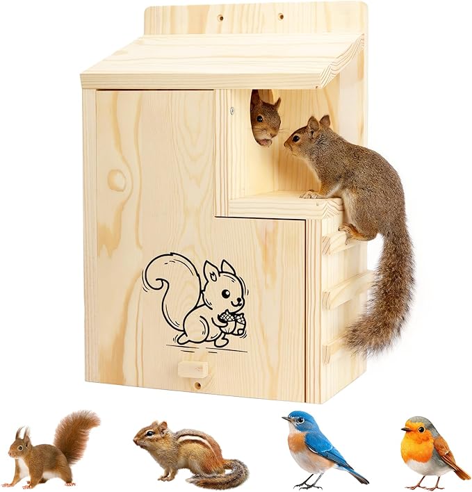 Large Wooden Squirrel House for Outside, Predator Guard Squirrel Nesting Box, Easy Assembly Outdoor Shelter for Squirrels & Chipmunks, Weatherproof Pine Wood Wildlife Habitat