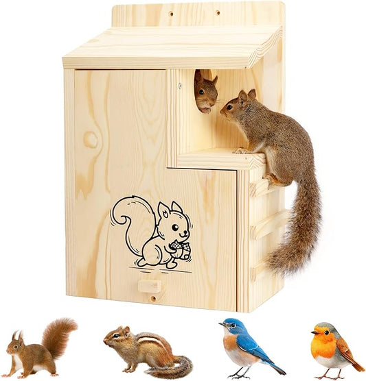Large Wooden Squirrel House for Outside, Predator Guard Squirrel Nesting Box, Easy Assembly Outdoor Shelter for Squirrels & Chipmunks, Weatherproof Pine Wood Wildlife Habitat