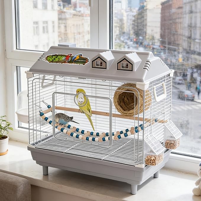 Parakeet Bird Cage, Clear Portable Cockatiel Carrier, Medium Bird with Wooden Perch, Acrylic Lightweight with Removable Tray, Pet with Travel Handle, Indoor Cage for Conures Macaws