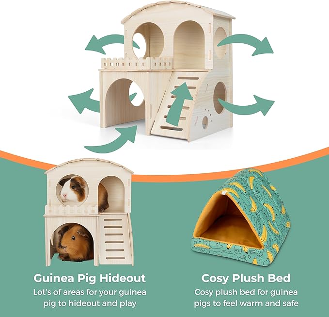Large Guinea Pig Hideout with Wooden House, Toys & Accessories – Includes Guinea Pig Bed, Castle Hideaway & Chew Toy Bundle with Wooden Hideout, House & Hut Indoor Habitat