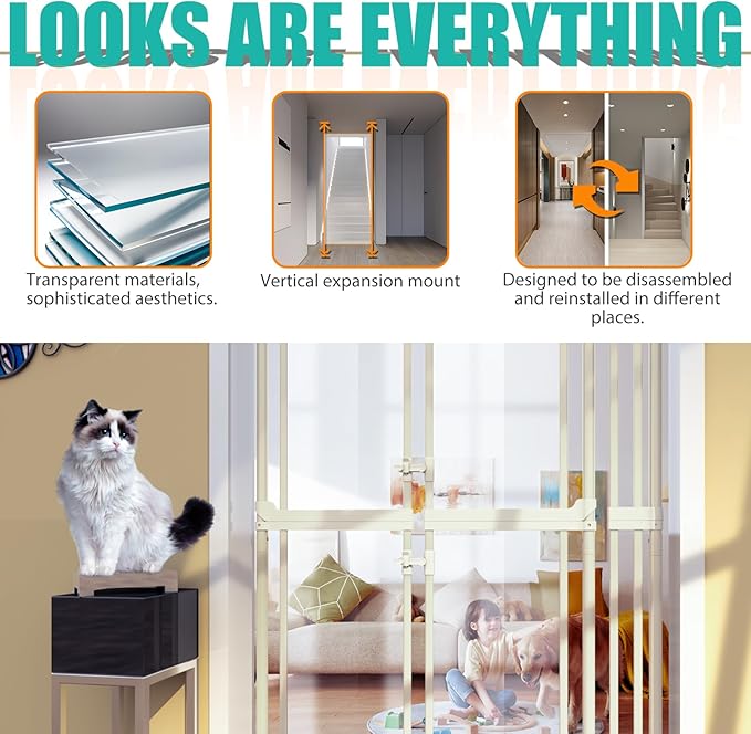 74"-98.5" Extra Tall Cat Gate for Doorway, Wide Adjustable 33.85-42" Clear Dog Gate Acrylic, Pressure Mounted Stairs, House, Innovation Double Opening Pet Gate,White