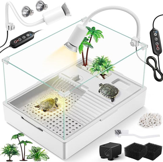 MoonOrange Large Turtle Tank Kit(Tank + Light + Water Pump), Acrylic Turtle Tank Starter Kit with Two Rain Shower Head, Adjustable Water Pump, Higher Fences (Kit-S)