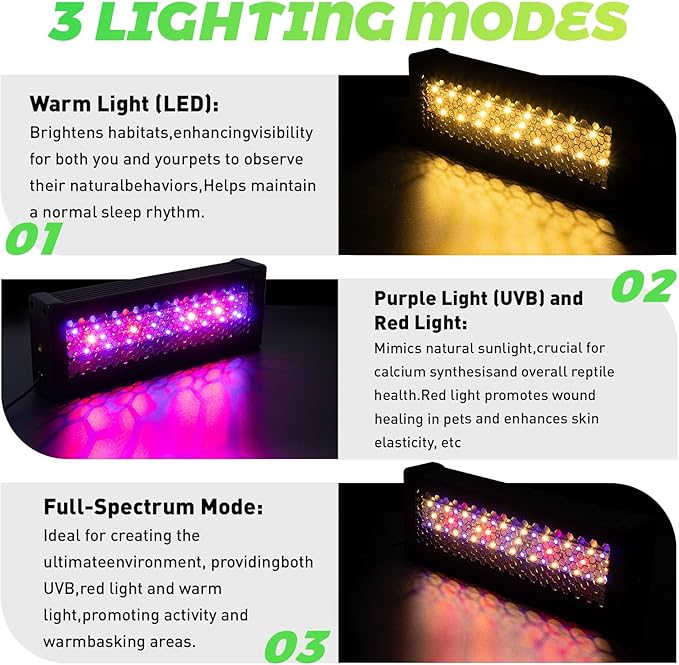 HNRLOY UVB Reptile Light, 9W UVA UVB Dimmable LED Reptile Lamp for Bearded Dragon, Chameleon, Turtles, Gecko, Snake, Lizard, Adjustable 6/10/12H Timer, Dimmable with 3 Lighting Modes