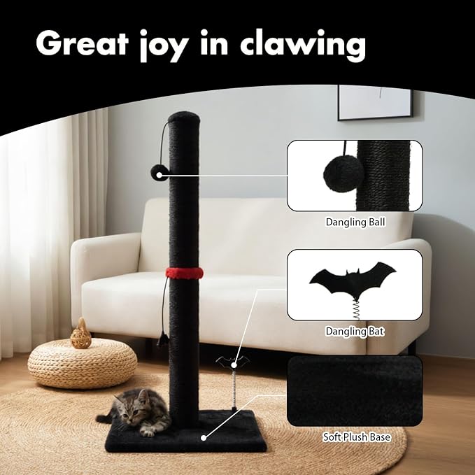 MECOOL Cat Scratching Post Premium Sisal Scratch Posts with Hanging Ball Vertical Scratcher for Indoor Cats and Kittens,Black - Image 2