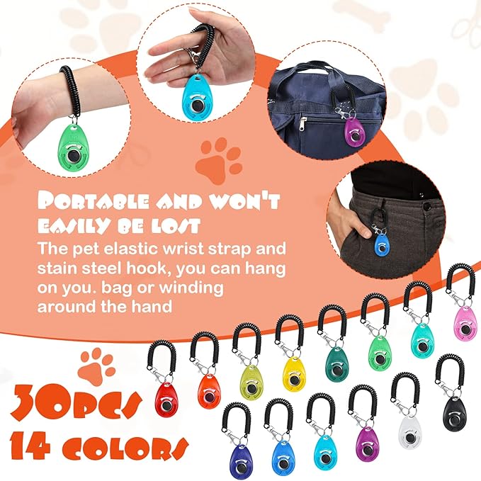 Kigeli 30 Pcs Dog Training Clicker for Pet with Wrist Strap Dog Cat Bird Clicker Puppy Training Supplies for Dogs Cats Horses Birds Behavioral Coaching Accessories (Multicolor)