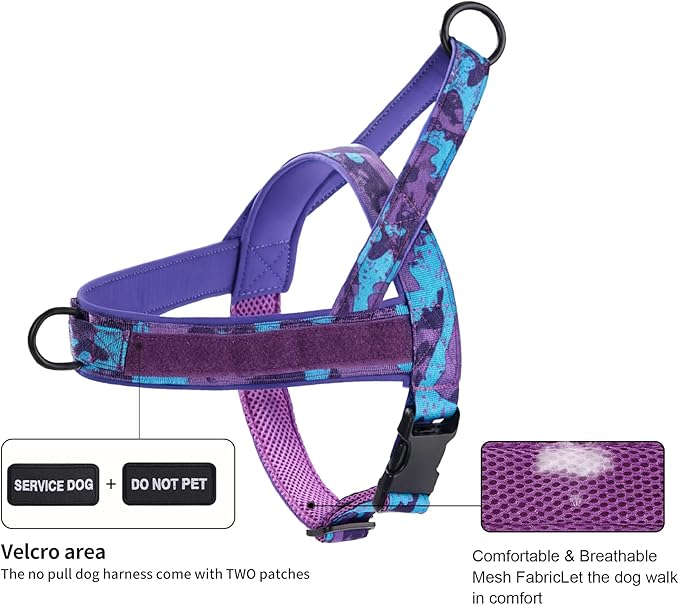 Annchwool No Pull Dog Harness,Heavy Duty Collar & Leash Set-Leash with Double Handle & Car Seatbelt Clip,Easy Control for Walking Training Medium Large Size Dogs(Camo Purple,L)