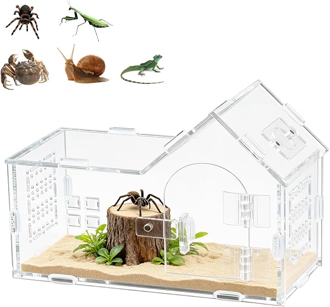 Mini Reptile Terrarium, Magnetic Acrylic Enclosure with Mushroom House Easy-Feed Hole & Front Opening for Bearded Dragon & Leopard Print Palace Guard Habitat (Reptile Terrarium A)