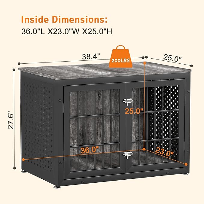 rehomerance 38" Heavy Duty Dog Crate Furniture for Large and Medium Dogs,Wooden Metal Kennel for High Anxiety Dogs, Chew Proof Cage Indoor, Decorative Kennel End Table