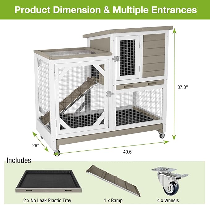 Guinea Pig Cages Indoor/Outdoor, Wooden Rabbit Hutch with Wheels, Large Rabbit House with 2-Story, Bunny Cage with Chew-Proof Ramp and Leap-Proof Trays, Waterproof Small Animals Habitat (Grey)