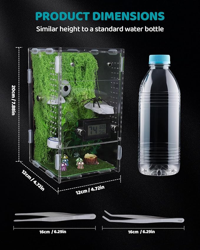 DIY Jumping Spider Enclosure, 4.7"x4.7"x7.9" Escape-Proof Spider Terrarium, Small Invertebrate Acrylic Accessories Set, with Temperature and Humidity Detector, Platform and Hide, Tweezer, Feeding Bowl